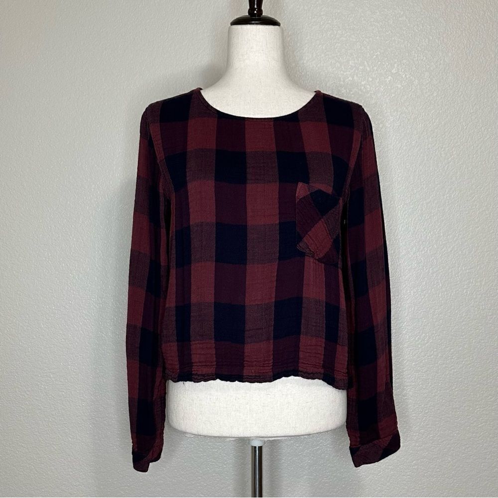 Anthropologie Cloth & Stone Gauze Plaid Lace Back Blouse Top, Sz Small